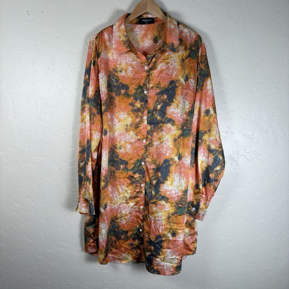 REBDOLLS Button Down Top Women's Size 3X Multi-Color Tie-Dye Long Sleeve Blouse - Picture 8 of 8